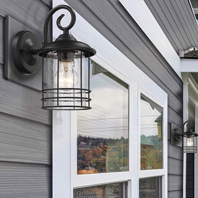 MICSIU 5.5" Wide Compact Narrow Farmhouse Matte Black Porch Light 2 Pack | Max 23W 9.8" Outdoor Light Fixture with Seedy Glass, Anti-Rust Round Exterior Lantern for Garage Pillar & Side Door, Patio