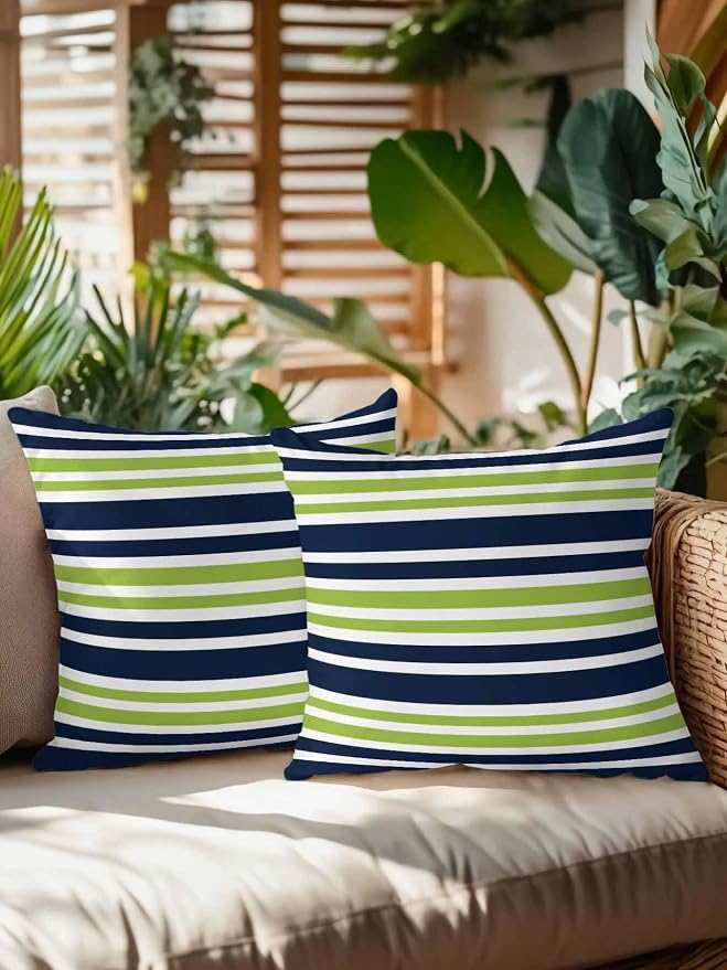 Outdoor Waterproof Throw Pillows Navy Blue Green Stripe Patio Pillows Pack of 2,Decorative Pillow Covers with Insert,Pillow Cushion Case for Garden Couch Sofa White Line