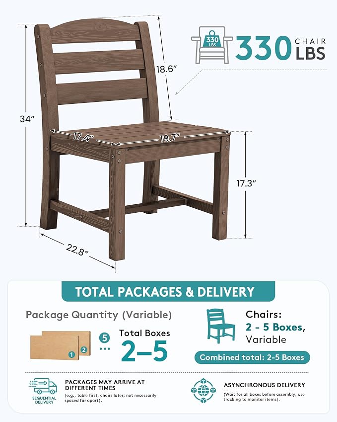 SERWALL Outdoor Armless Dining Chairs Set of 2, All-Weather HDPE Patio Chair with 19.7" Widened Seat, for Backyard, Garden, Brown