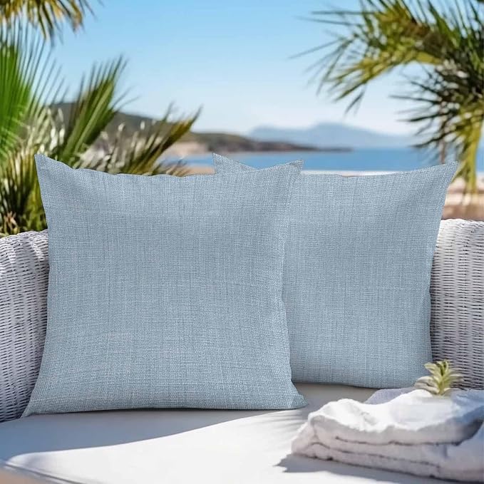 Vandarllin Outdoor Throw Pillows Covers 26x26 inch Set of 2 Waterproof Sky Blue Linen Decorative Zippered Cushion Covers for Patio Furniture, Farmhouse Pure Color Lumbar Pillowcases
