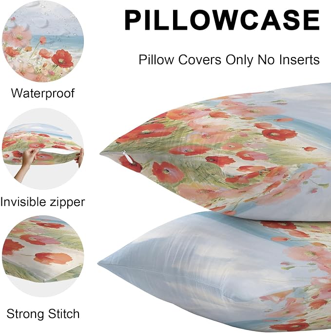 Spring Red Pink Floral Outdoor Pillow Covers 18x18 Inch Throw Pillow Covers Set of 2 Waterproof Decorative Pillow Cases Summer Coastal Beach Wave Ocean Blue Cushion Covers for Patio Furniture Garden