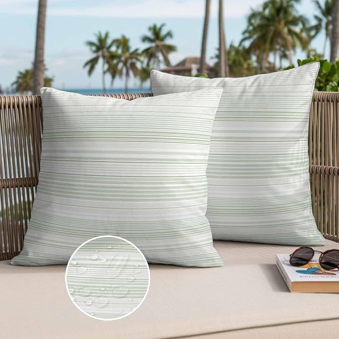 Sage Green Stripe Waterproof Outdoor Pillow Covers Set of 2 Home Decor, Abstract Art Modern Vertical Striped Pillowcase Patio Pillow Covers for Couch Bench Furniture Garden 26x26in