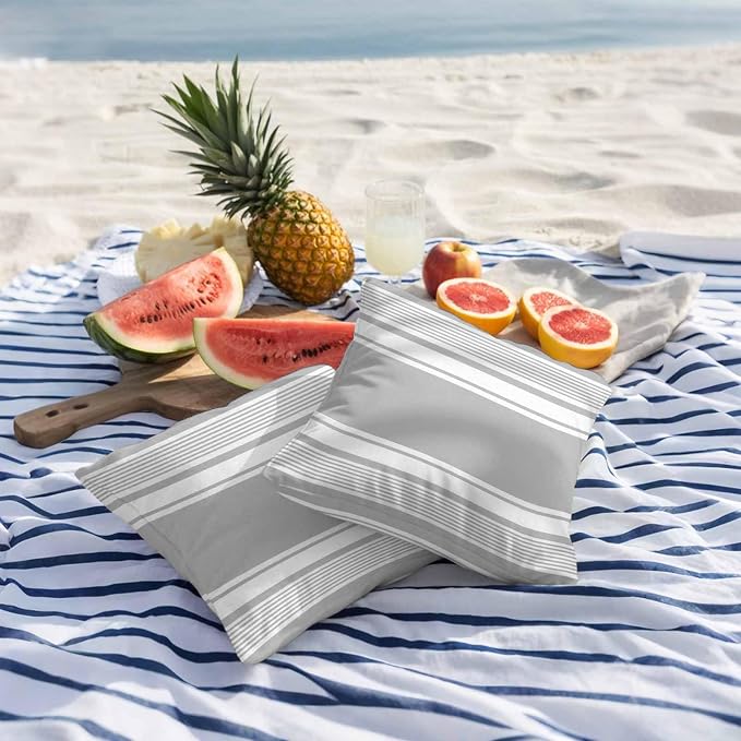 Vandarllin Outdoor Throw Pillows Covers 24x24 inch Set of 2 Waterproof Grey Stripes Decorative Zippered Cushion Covers for Patio Furniture, Striped Lines Lumbar Pillowcases