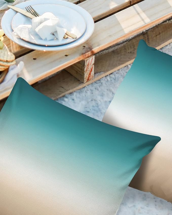 Outdoor Pillow Covers Waterproof Teal Beige Ombre Cream All Weather Cushion Case Set of 2, Modern Turquoise Abstract Art Aesthetics Decorative Pillowcases for Sofa Couch Bed Decor Patio 16"x16"