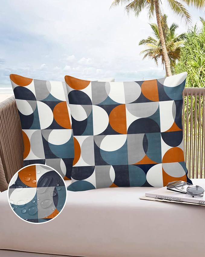Vandarllin Outdoor Throw Pillows Covers 16x16 inch Set of 2 Waterproof Mid Century Geometric Decorative Zippered Cushion Covers for Patio Furniture, Abstract Modern Orange Blue Lumbar Pillowcases