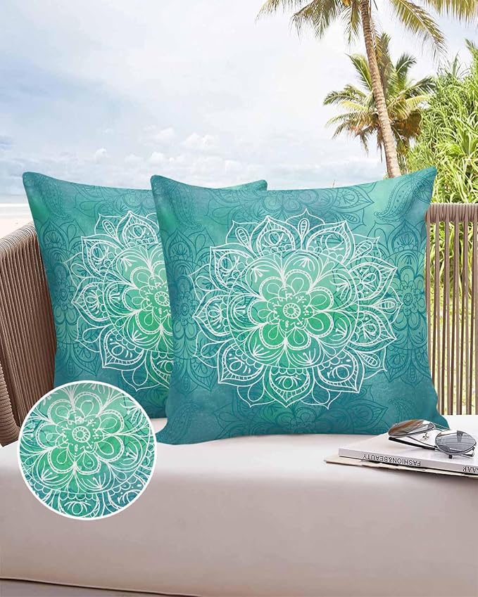 Vandarllin Outdoor Throw Pillows Covers 20x20 inch Set of 2 Waterproof Turquoise Boho Floral Decorative Zippered Cushion Covers for Patio Furniture, Bohemian Flower Lumbar Pillowcases