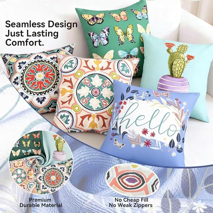 Outdoor Throw Pillows Waterproof Set of 4 18x18 Inches Colorful Kaleidoscope Outdoor Decorative Pillows with Insert for Bed, Couch, Sofa and Patio Furniture