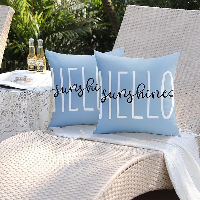 DFXSZ Sky Blue Outdoor Waterproof Pillow Covers 18x18 Set of 2 | Hello Sunshine Decor Spring Summer Polyester Pillow Covers(NO INSERTS)| Decor for Patio Funiture Garden Sofa Couch