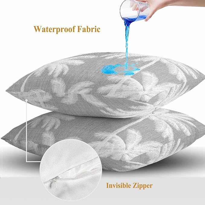 Outdoor Pillow Covers 26x26 Inch Set of 2, Grey Palm Trees Waterproof Throw Pillow Covers, Farmhouse Tropical Summer Beach Decorative Cushion Pillowcases for Couch, Sofa, Bed, Garden, Patio