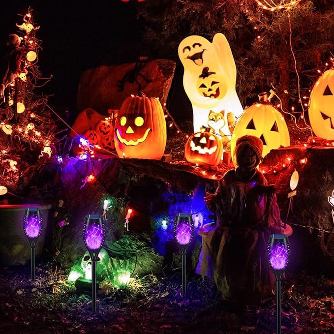 12Pack Purple Solar Halloween Lights for Halloween Decorations Outdoor | Halloween Solar Lights Outdoor with Flickering Flame, Waterproof Torches for Outside, Scary Halloween Yard Pathway Decoration
