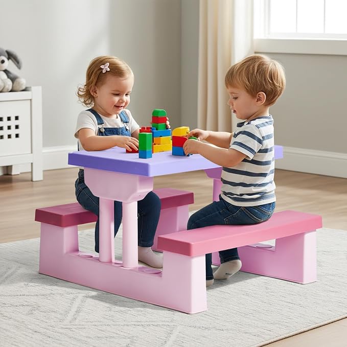 Kids Table and Chair Set, Toddler Plastic Outdoor Table & Bench Set with Removable Umbrella, Children Picnic Table Fits 4 Children for Backyard Garden, Pink & Purple