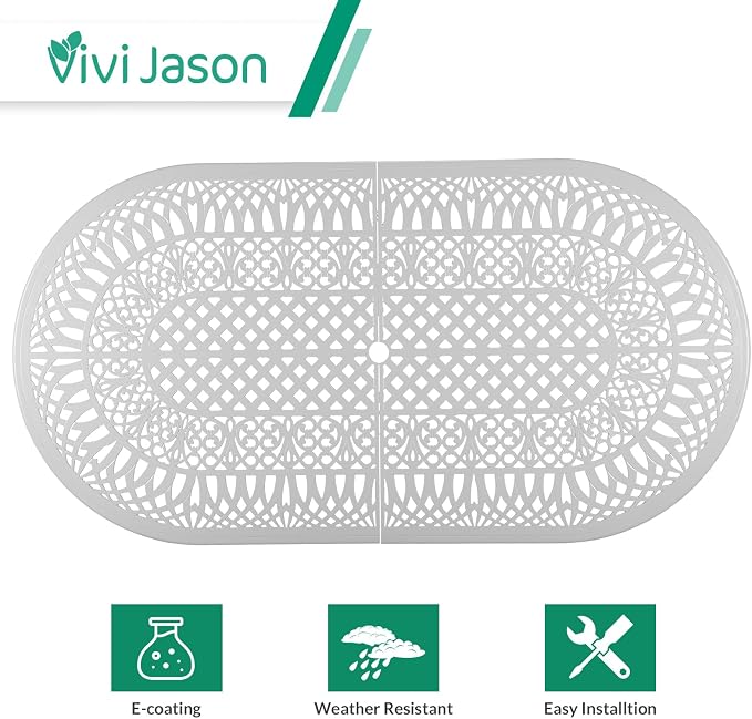 VIVIJASON Large Patio Dining Table, Outdoor Oval Dining Table Fits for 6-8 Person, White Cast Aluminum Rustic Patio Table with Umbrella Hole for Balcony, Porch and Deck