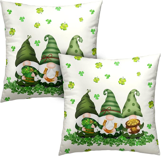 Green Clover Shamrock Decorative Throw Pillow Covers 16x16 Set of 2 St Patricks Day Cushion Case Lucky Gnomes Square Pillow Cases for Chair Sofa Bedroom Living Room Home Decor
