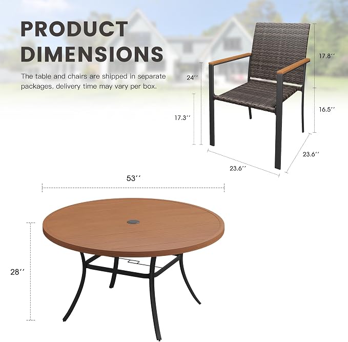Round Patio Dining Set for 8, 53" Round Metal Table with Umbrella Hole and Stackable Wicker Patio Chairs, Outdoor Furniture Set for Deck Backyard Garden, Walnut Chairs, Walnut Table