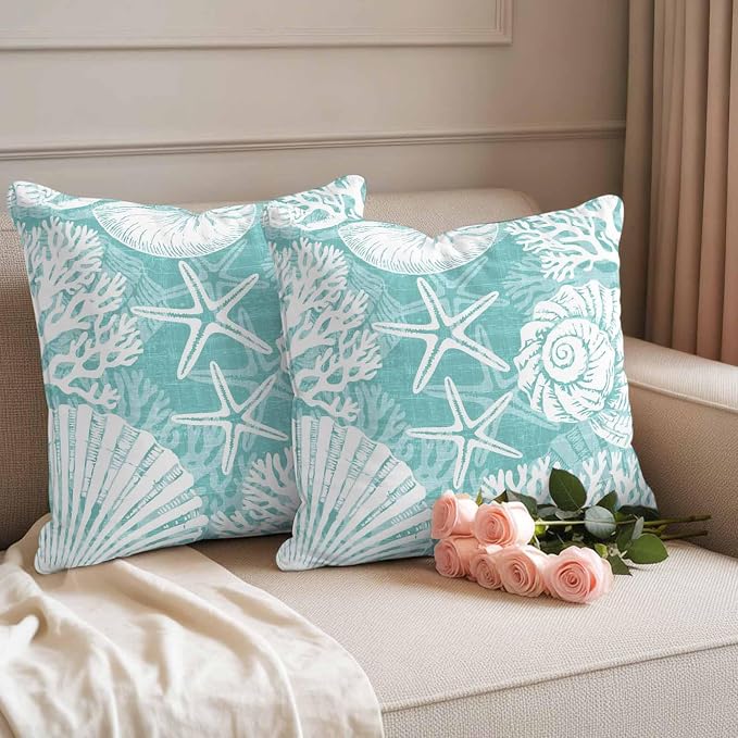 Outdoor Pillow Covers 16x16 Inch Set of 2, Teal Green Starfish Coastal Waterproof Throw Pillow Covers, Summer Coral Shell Beach Nautical Decorative Cushion Pillowcases for Couch Sofa Bed Garden Patio