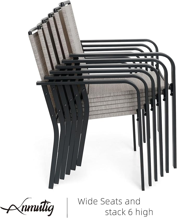 5 Piece Outdoor Dining Set with 37" Square Glass Table and BeigeGrey Chairs | 4 Piece Stackable Chairs Textilene Seat and Back, Table & Chair with Metal Frame, Square Glass Table Top, 1.7" Umbrella Hole