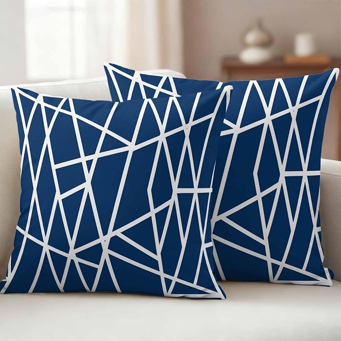 Outdoor Pillow Covers Waterproof, Nave Blue Geometric Decorative Square Throw Pillowcases Patio Cushion Covers for Tent/Garden, 16" x 16" 2 Pack, Abstract Stripes Modern Minimalist