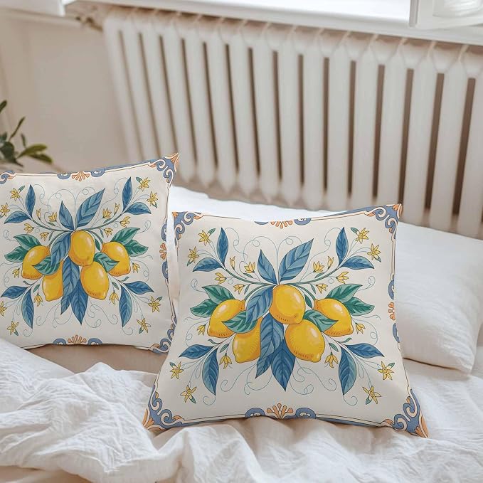 Throw Pillow Covers 20x20 Inch Set of 2, Yellow Blue Lemon Waterproof Outdoor Cushion Covers, Summer Botanical Farmhouse Decorative Pillowcases for Couch, Sofa, Bed, Garden, Patio