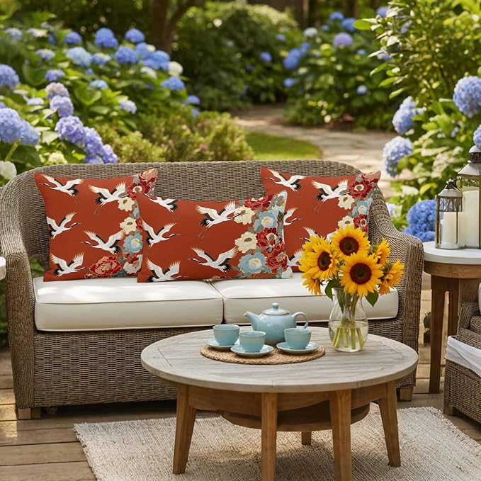 Japanese Style Outdoor Pillow Covers 18x18 Inch Throw Pillow Covers Set of 2 Waterproof Decorative Pillow Cases Red Farmhouse Botanical Peony Birds Cushion Covers for Patio Furniture Garden Couch Sofa
