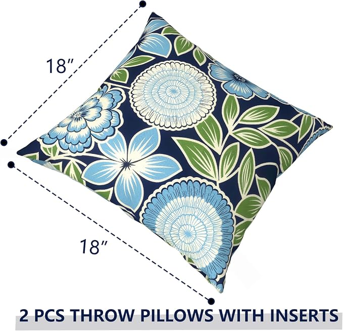 Outdoor Pillows with Insert 18x18 Inch, Waterproof Throw Pillow for Patio Furniture, Decorative Back Cushion for Garden Home Sofa Office Chair, Set of 2, Azure Botanical Symphony