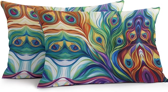 Colorful Peacock Feathers Outdoor Pillow Covers 20x12 Inch Lumbar Pillow Covers Set of 2 Waterproof Decorative Throw Pillow Cases Oil Painting Abstract Art Cushion Covers for Patio Furniture Garden