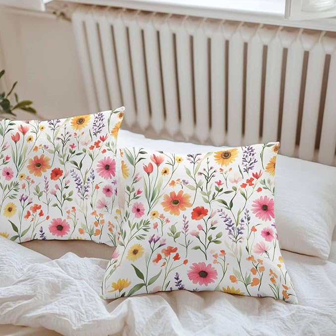 Spring Outdoor Throw Pillow Cover Watercolor Flower Leaves Waterproof Cushion Covers 2 Pack Pillow Cases Home Decoration for Patio Garden Couch Sofa,Garden Floral Art