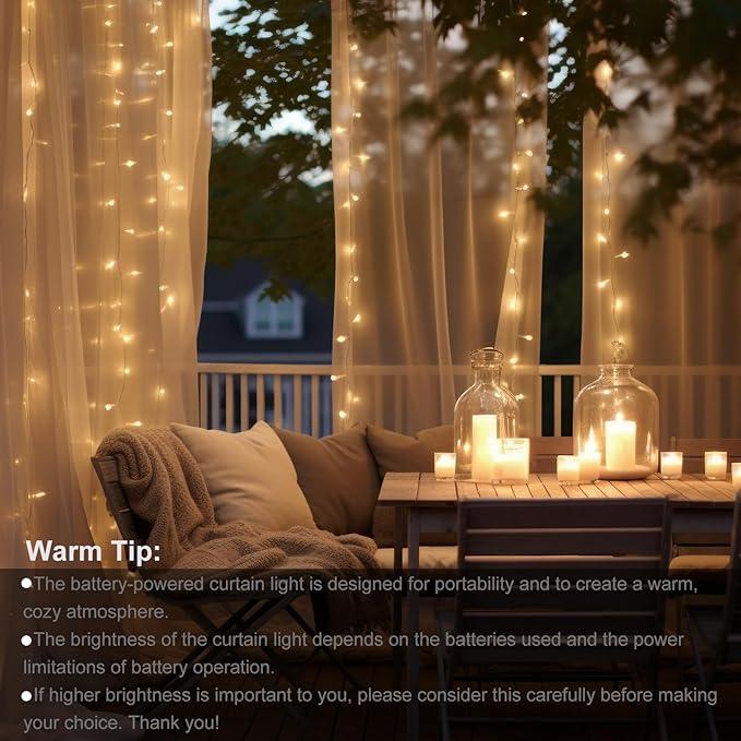 echosari 9.8ft×9.8ft Curtain Lights Battery Operated with Remote Warm White | 300 LED Hanging Light Timer Fairy Curtain Lights for Bedroom Patio Wedding Backdrop Party Decór