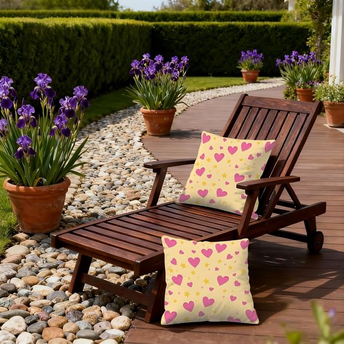 18x18 Inch Outdoor Pillow Covers Set of 2 Waterproof Throw Pillow Covers Decorative Couch Cushion Covers Pink Hearts Yellow Stars Square Pillowcases Protectors for Patio Garden Sofa