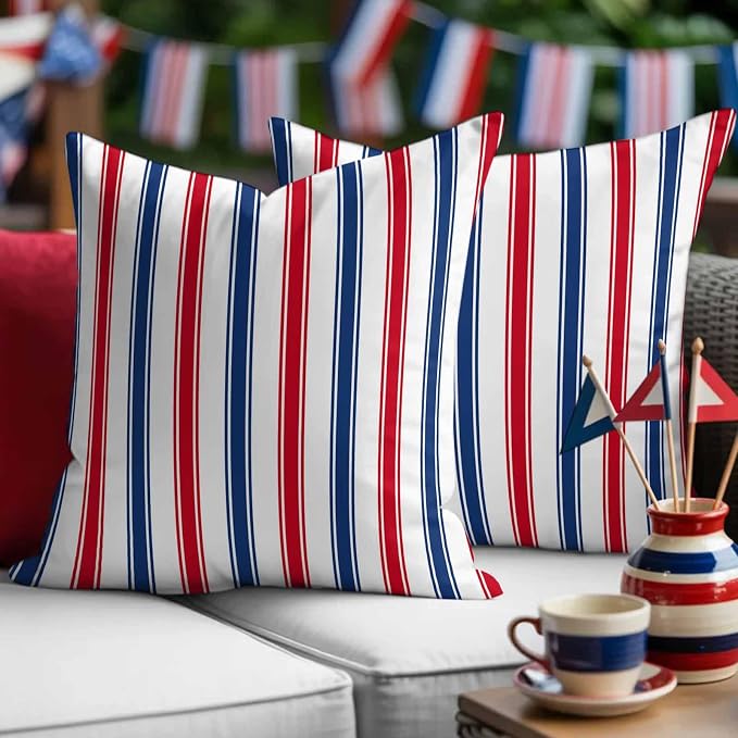 Outdoor Pillow Covers Set of 2, USA Independence Red Blue White Stripe Decor Throw Pillow Covers 16X16IN, President's Flag Day Throw Pillows Protector Cushion Case for Patio,Couch,Sofa,Garden