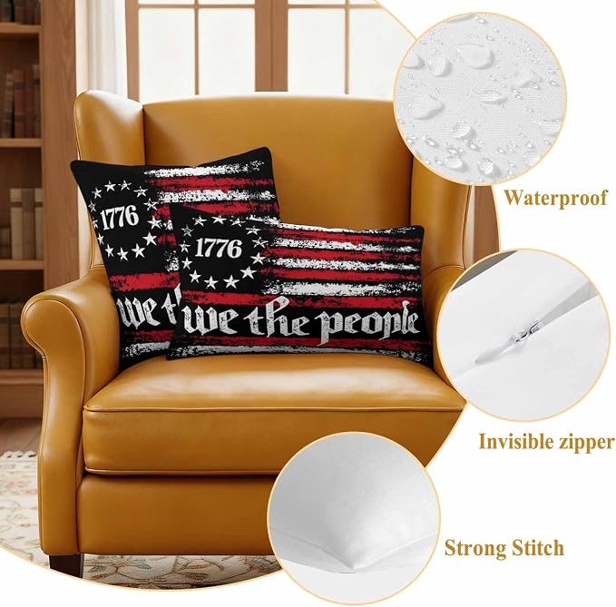 We The People Outdoor Pillow Covers 20"x12" Set of 2, Independence Day Distressed Red White Flag Waterproof Throw Pillow Covers for Patio Furniture, Decorative Cushion Covers for Porch