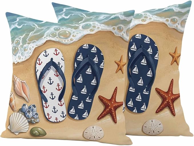 Blue Beige Seaside Outdoor Waterproof Throw Pillow Covers 16x16 Set of 2, Coastal Waves Starfish Summer Beach Nautical Decorative Pillowcases Cushion Pillowcase for Couch Sofa Patio Pillow Protector
