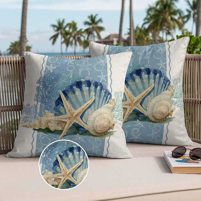 Coastal Oceans Waterproof Outdoor Pillow Covers Set of 2 Home Decor, Summer Beach Corals Shells Starfish Cotton Linen Pillowcase Patio Pillow Covers for Couch Bench Furniture Garden 18x18in