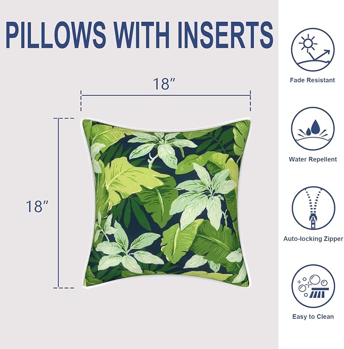 Outdoor Throw Pillows Inners, Fade Resistant Patio Furniture Square Pillows with Piping Set of 2 for Patio Furniture, 18x18 Inch, Jungle Leaves