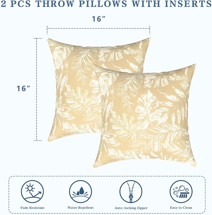 LVTXIII Outdoor Throw Pillows 16x16 Inch, Set of 2 Square Decorative Pillows with Inserts for Patio Furniture, Porch Chair, Garden Sofa, Tropical Leaf Oat