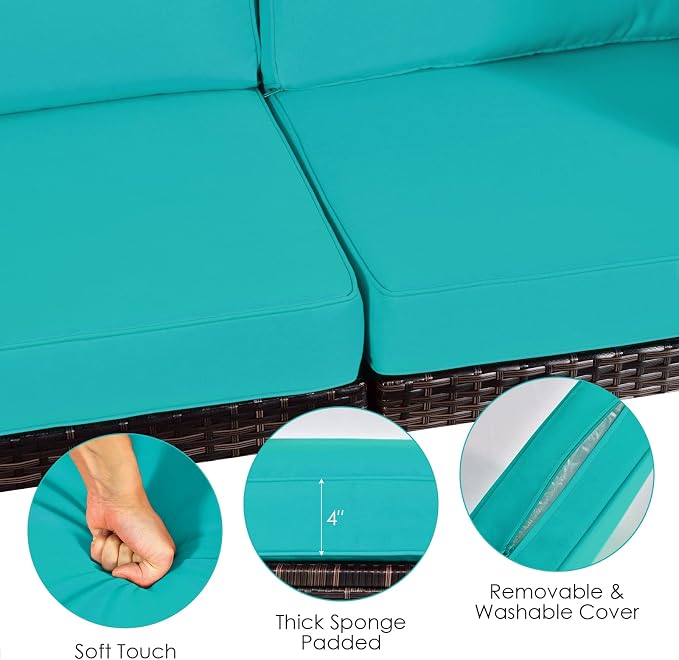 HAPPYGRILL 6 Pieces Outdoor Patio Furniture Set, PE Rattan Conversation Set with Tempered Glass Coffee Table and Cozy Cushions, Weather Resistant Sectional Sofa Set, Turquoise
