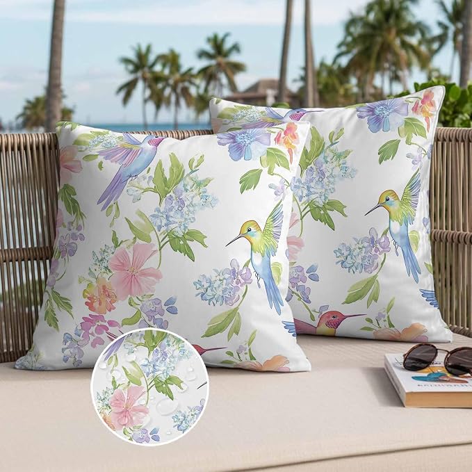 Spring Hummingbird Outdoor Waterproof Throw Pillow Covers Set of 2, 26"x26", Colorful Birds Floral Decorative Pillow Covers Outside Cushion Case for Patio Porch Garden