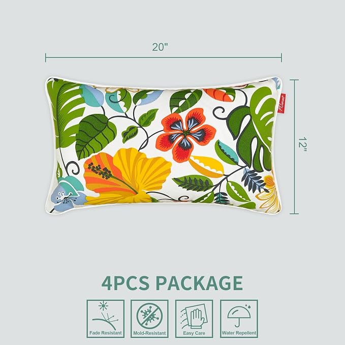 Pack of 4 Outdoor Throw Pillows,20x12 Inch All-Weather Water-Resistant Patio Pillows with Inserts,Decorative Pillows for Patio Furniture,Couch,Sofa,Poolside,Flower Bird