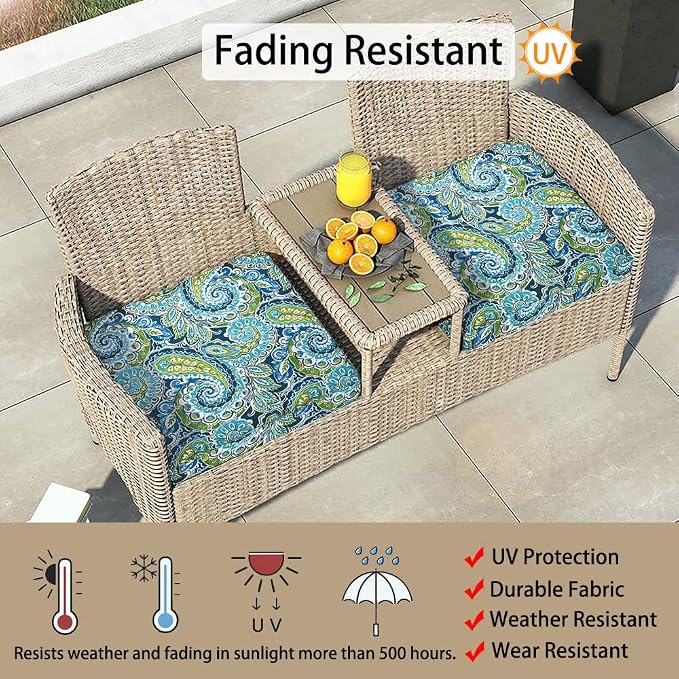 Magpie Fabrics Indoor Outdoor Cushion Cover Replacement 2 Pack, NO Insert! Water Repellent Slipcover with Ties Decor for Patio Garden Chair Seat Sofa Bench Wicker(Paisley Lapis Green, 20x18x4 Inch)