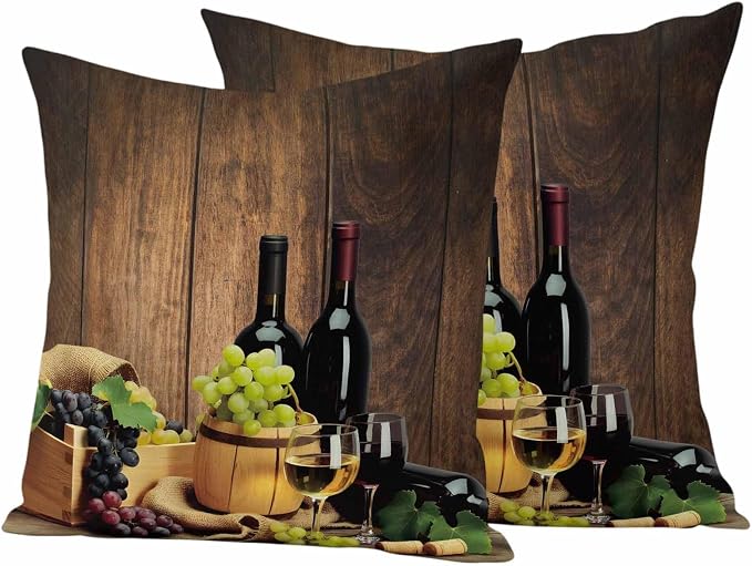 Outdoor Pillow Covers 24 x 24 Inches, Red Wines Waterproof Throw Pillow Cover Set of 2, Champagne Grapes Galsses Country Wooden Plank Decorative Square Cushion Covers for Patio/Couch/Garden
