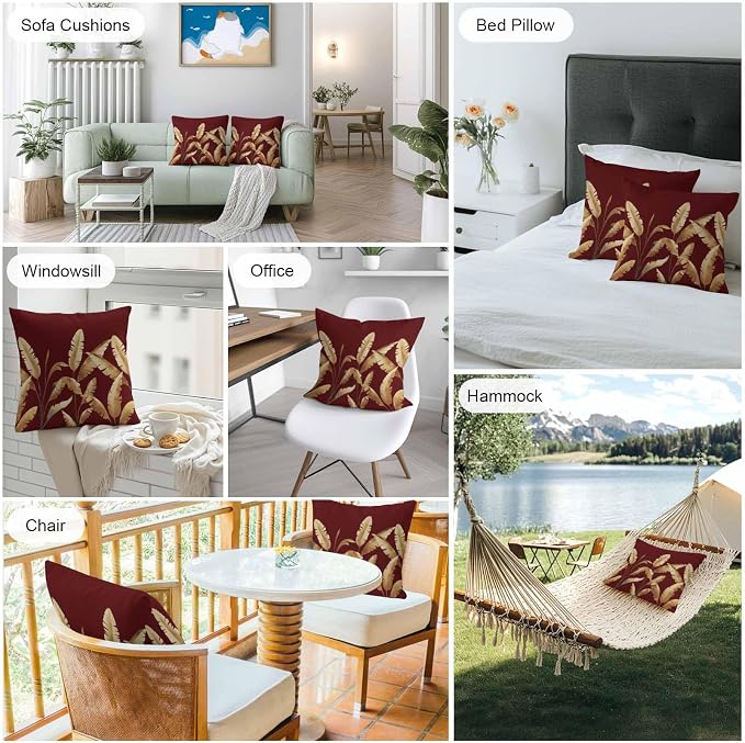 Waterproof Throw Pillow Covers 18x18 Set of 2, Golden Tropical Leaves on Burgundy Red Outdoor Pillowcases with Invisible Zipper, Abstract Foliage Leaf Decorative Cushion Covers for Patio Garden Sofa