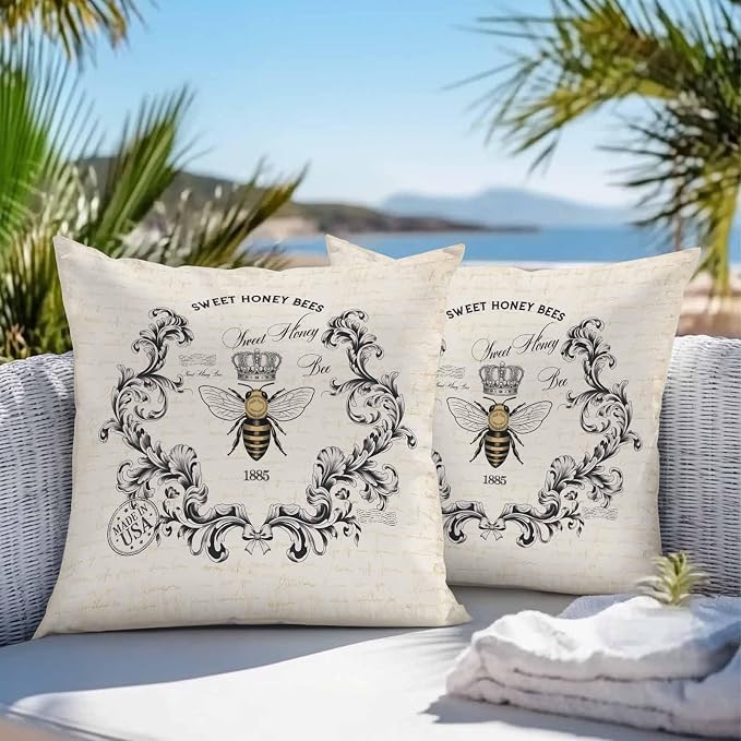 Vandarllin Outdoor Throw Pillows Covers 20x20 inch Set of 2 Waterproof Sweet Honey Bees Decorative Zippered Cushion Covers for Patio Furniture, Floral Crown Wreath Vintage Lumbar Pillowcases