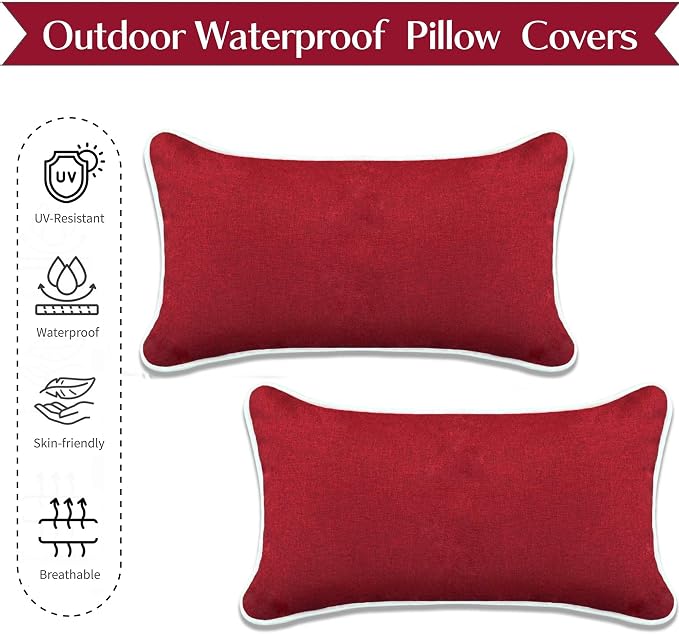 HER HWA Outdoor Lumbar Pillow Covers White Piping 20"x12" Set of 2, Red | durable fade-resistant water-resistant 100% polyester white piping smooth zipper machine washable for indoor outdoor décor