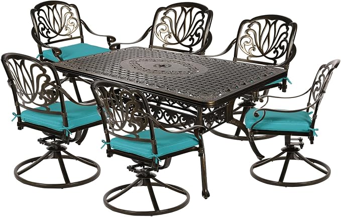 MEETWARM 7-Piece Outdoor Patio Dining Set, All-Weather Cast Aluminum Patio Conversation Set for Backyard Garden Deck with 6 Cushioned Swivel Rocker Chairs, 1 Rectangular Table, Ocean Blue