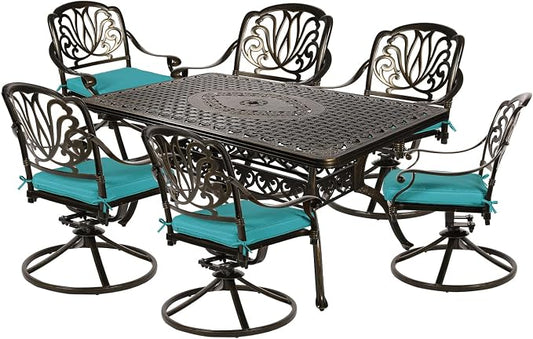 MEETWARM 7-Piece Outdoor Patio Dining Set, All-Weather Cast Aluminum Patio Conversation Set for Backyard Garden Deck with 6 Cushioned Swivel Rocker Chairs, 1 Rectangular Table, Ocean Blue