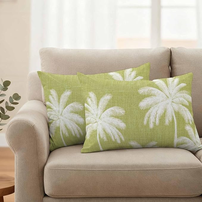 Lumbar Pillow Covers 20x12 Inch Set of 2, Yellow Palm Trees Waterproof Outdoor Pillow Covers, Farmhouse Tropical Summer Beach Decorative Cushion Pillowcases for Couch, Sofa, Bed, Garden, Patio