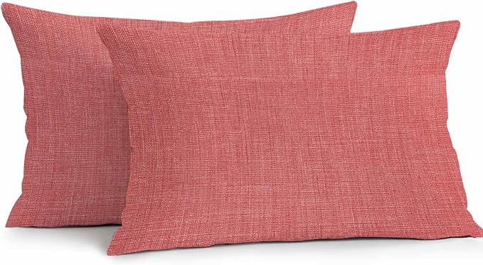 Vandarllin Outdoor Throw Pillows Covers 20x12 inch Set of 2 Waterproof Coral Red Linen Decorative Zippered Cushion Covers for Patio Furniture, Farmhouse Pure Color Lumbar Pillowcases