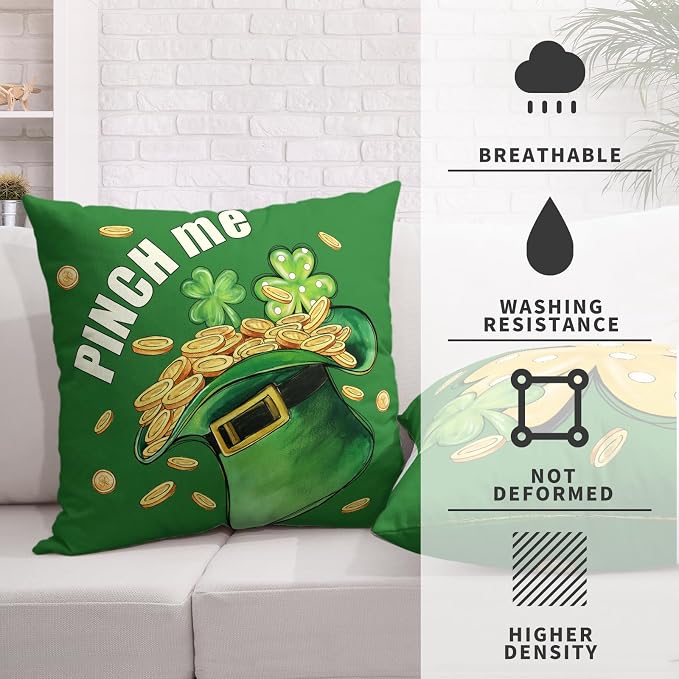 Set of 2 Saint Patricks Day Pillow Covers Lucky Hat with Gold Coin Shamrock Decorative Pillowcases 22x22 Green Polka Dots Lucky Clover Cushion Cases for March Holiday St Patrick Decor
