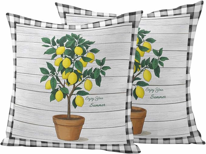 Summer Yellow Lemons Outdoor Waterproof Pillow Covers Set of 2, Green Leaf Botanical Gardens Wood Grain Plaid Pillowcase Decorative Throw Cushion Cases for Patio Garden Couch 18 x 18 Inches
