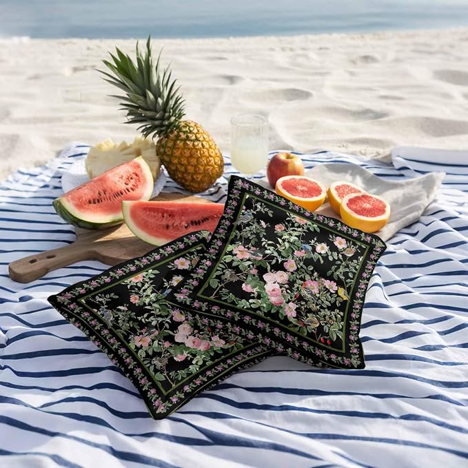 Vandarllin Outdoor Throw Pillows Covers 16x16 inch Set of 2 Waterproof Pink Floral Bird Decorative Zippered Cushion Covers for Patio Furniture, Green Leaves Branches Black Lumbar Pillowcases