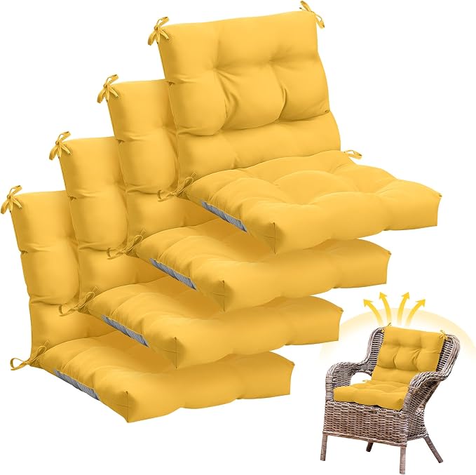 Marsui 4 Pcs Outdoor Indoor High Back Chair Cushions Patio Furniture Tufted Pillow with Ties Water-Resistant Replacement Outdoor Rocking Chair Cushions, 42 x 21 Inches (Yellow,Solid Color)